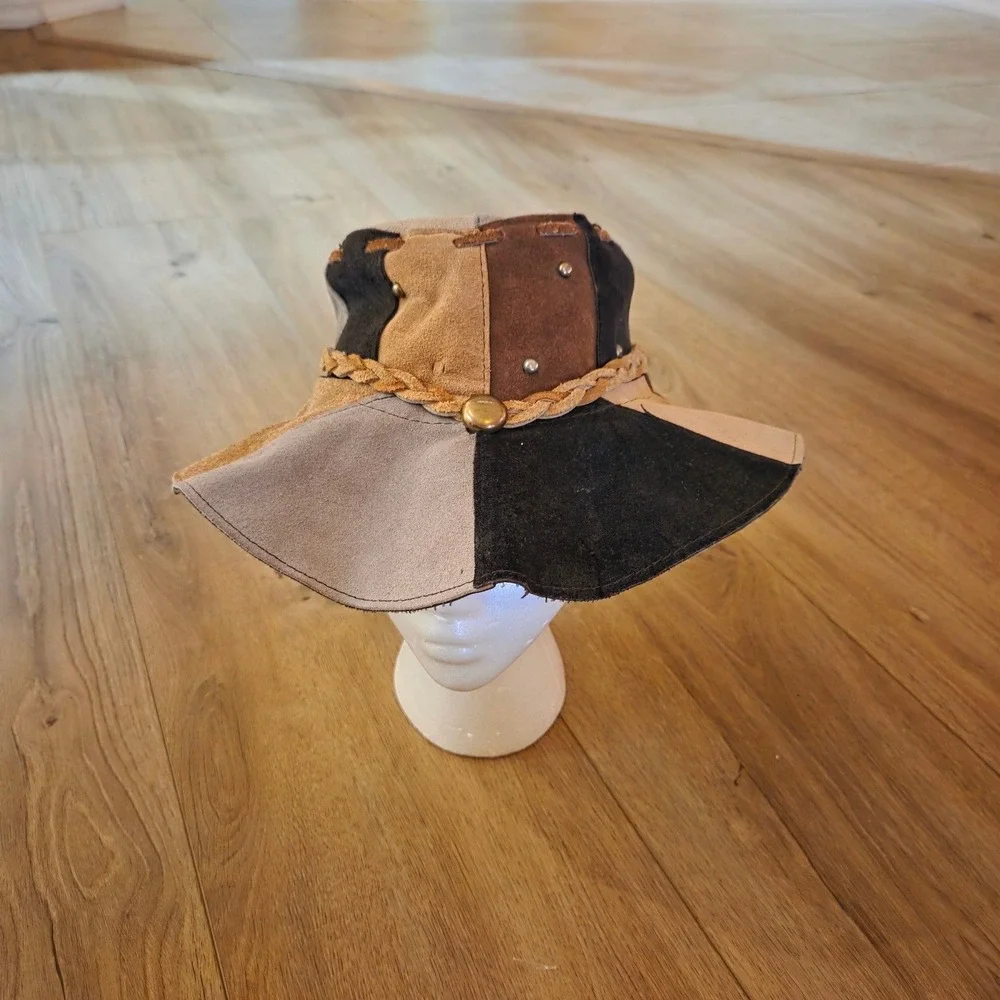 Vintage‎ Patchwork Suede Bucket Hat Wide Brim Braided Detail Button Accent